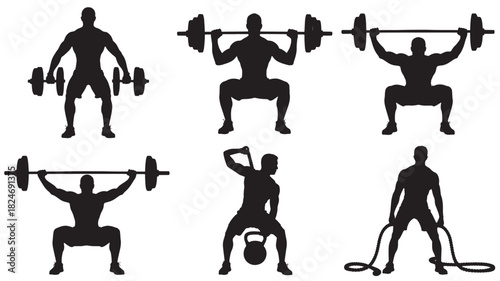Silhouette set of weightlifting poses vector illustration of athletes performing various exercises isolated on white background