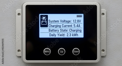Digital display screen shows battery voltage current and charging status information
