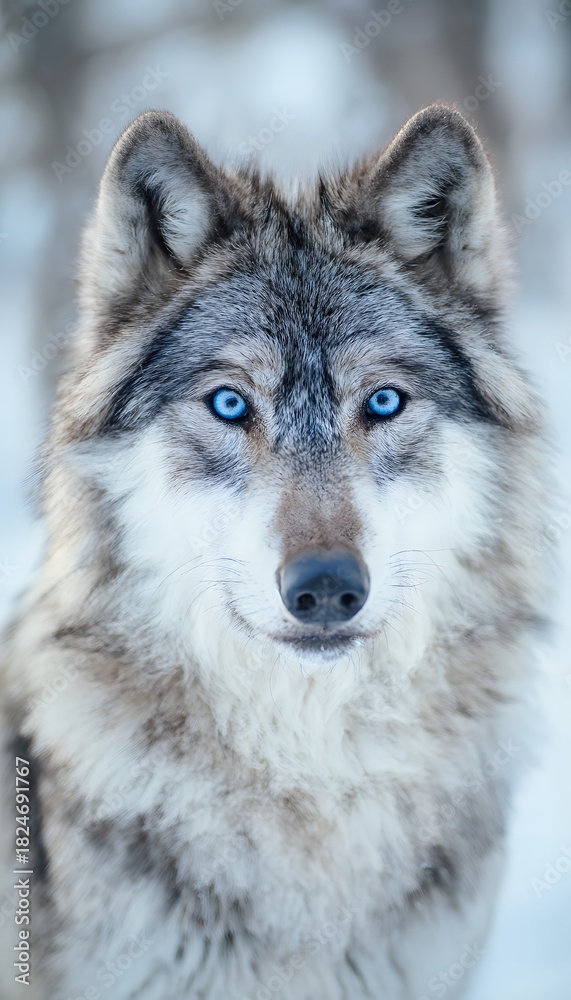 Obraz premium Majestic gray wolf portrait intense blue eyes capture winter's serene beauty and wild spirit