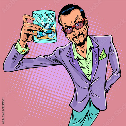Pop Art Retro Businessman holding a glass of whiskey. Gesture of showing success. Rich luxury man raising a toast.