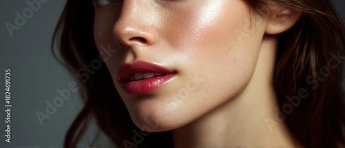 Close-up portrait of a woman's face. she has long, dark hair that is styled in loose waves and falls over her shoulders. her lips are painted a deep red color and her skin appears to be glowing.