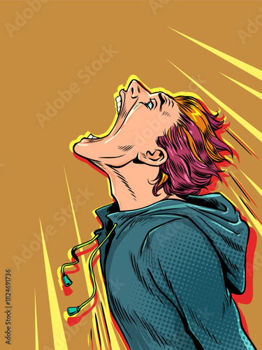 Pop Art Retro The man is very hungry. The guy is jumping with his mouth open. Advertising of food and fast food.