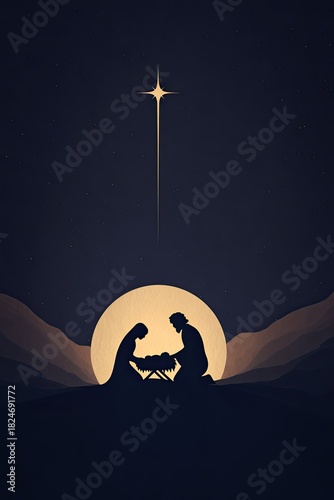 Dark atmospheric silhouette illustration of Nativity scene with Mary, Joseph and baby Jesus in manger, set against large, glowing full moon and under bright Star of Bethlehem