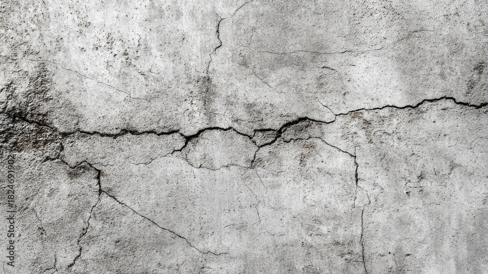 Obraz premium Detailed view of a distressed grey concrete wall featuring dark, branching cracks and a rough, textured surface.