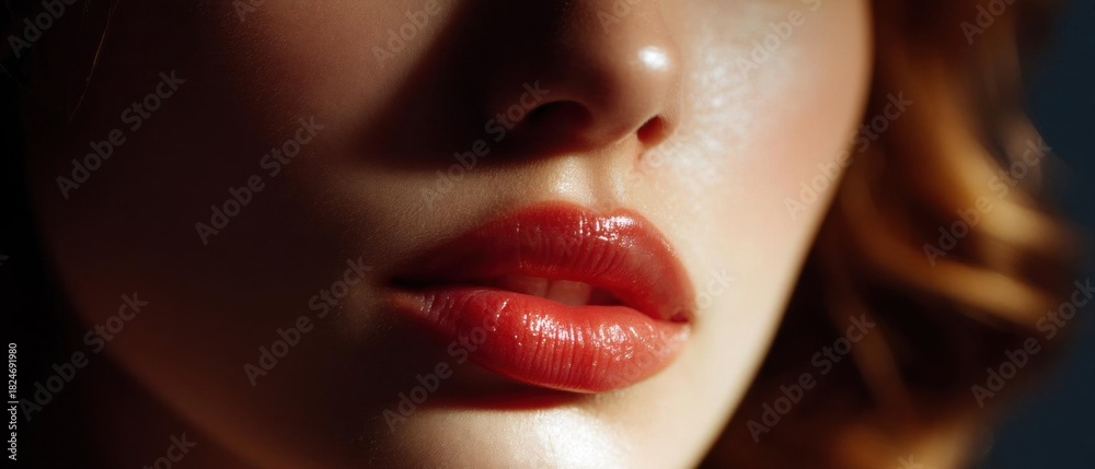 Obraz premium Close-up of a woman's lips and nose. the focus is on her lips, which are painted with a glossy red lipstick. the lips appear to be full and well-groomed, with a slight smile on her face.