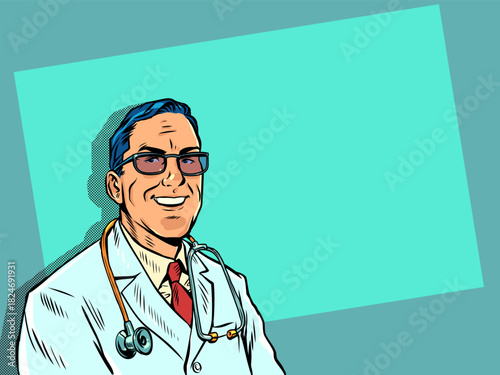 Pop Art Retro Male doctor smiling and looking at camera. Advertisement of medical services business. Recommendation from a professional doctor.