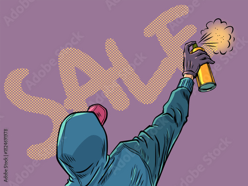 Pop Art Retro A man in a cap and a sweater sprays a can of paint. The appearance of advantageous offers, discounts and promotions, sales. Advertising of small prices for customers.