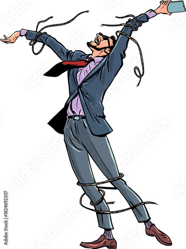 Pop Art Retro Freedom from social networks and media. Control of humanity by technologies. A man gets out of the bonds with a phone.