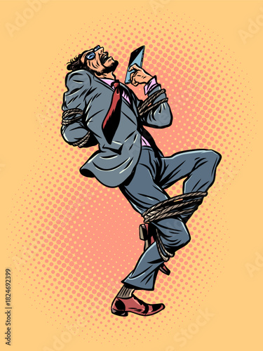 Pop Art Retro Smartphone addiction and control. Control of humanity by technology. Man tied with ropes to phone.