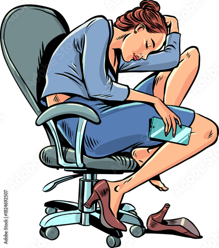 Pop Art Retro A woman sleeps on a chair in the office. Overtime at work leads to sleepiness. The company employee is resting.