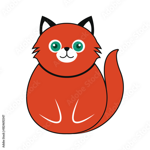 Cute fluffy orange cat cartoon illustration with big green eyes on white