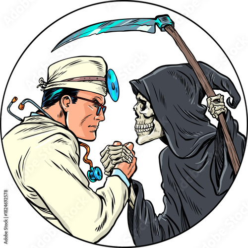 Pop Art Retro Death and the doctor fight each other. Arm wrestling between opposites. Protecting the patient's health.