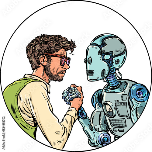 Pop Art Retro Robot and man fight each other. Arm wrestling between opposites. Human defense against AI.