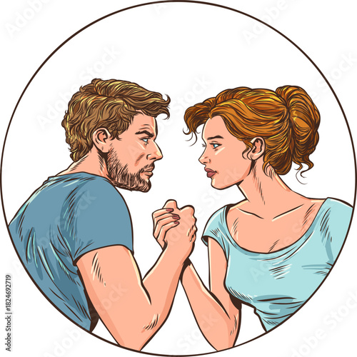 Pop Art Retro Woman and man fighting each other. Arm wrestling between opposites. Problems in a couple's relationship.
