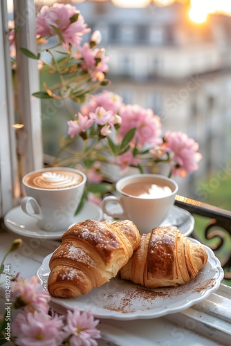Two cups of coffee and fresh croissants sit on a white plate by a window filled with blooming flowers. The sun rises over the rooftops of Paris, creating a warm, inviting atmosphere
