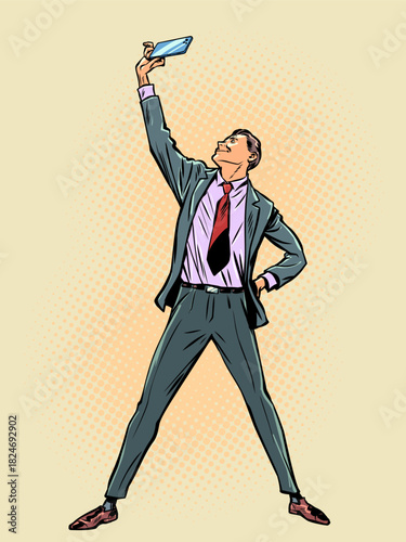 Pop Art Retro A man in a suit takes a photo of himself. Achieving success in business. Career growth and finding motivation.