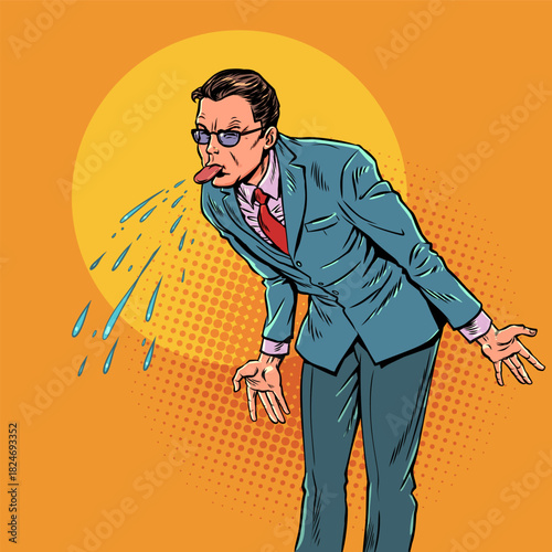 Pop Art Retro A man sticks out his tongue. Problems at work and in a team. Dismissal from a profession.