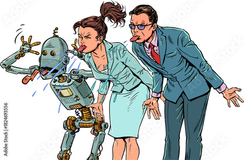 Pop Art Retro People and robot stick out their tongues together. Problems in the labor market. A company of scammers.