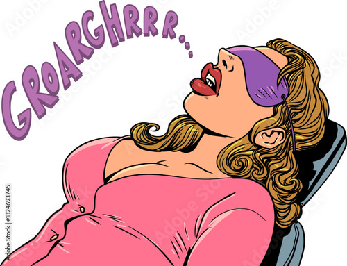 Pop Art Retro A woman sleeps loudly and snores. Laziness at work. Inattention of business employees.