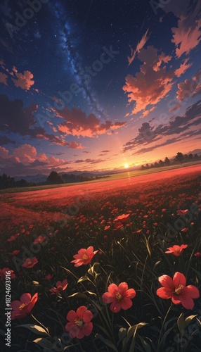 sunset over poppy field with starry sky and milky way