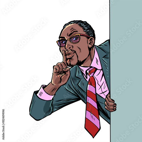 Pop Art Retro A businessman gives a sign to keep quiet. A secret for business and work. Concealing personal data and confidentiality.