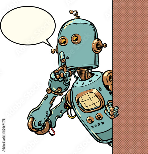 Pop Art Retro A robot shows a sign to be quiet. Secrets of AI and personal data theft. Business automation technologies.