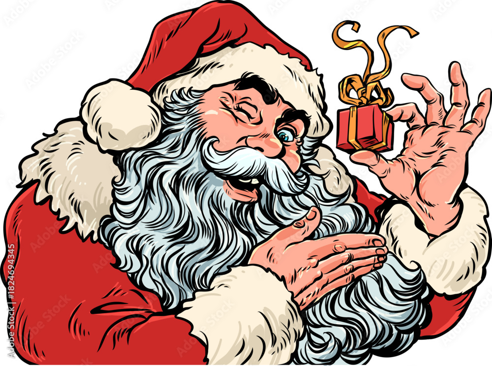 Fototapeta premium Pop Art Retro Santa Claus showing off a gift. New Year and Christmas are approaching with Santa Claus. Discounts on New Year's holidays and gifts.