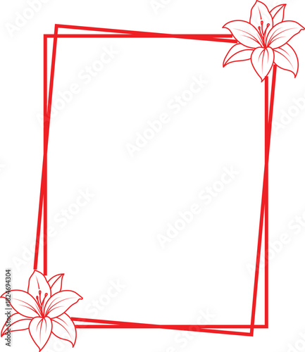 Elegant floral frame with lily flowers and red border for invitations
