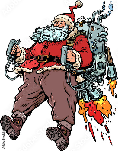 Pop Art Retro Santa Claus flies on his backpack. New Year and Christmas are approaching with Santa Claus. Discounts on New Year's holidays and gifts.