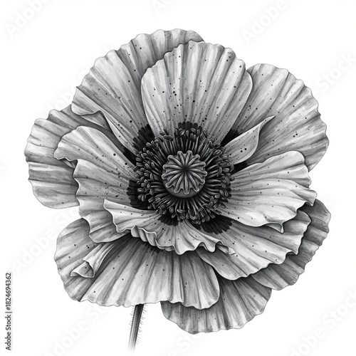 Detailed Monochrome Poppy Flower Illustration Artistic Botanical Drawing of Papaver, Floral Art, Petals, Nature, Plant, Blossom, Studio Shot