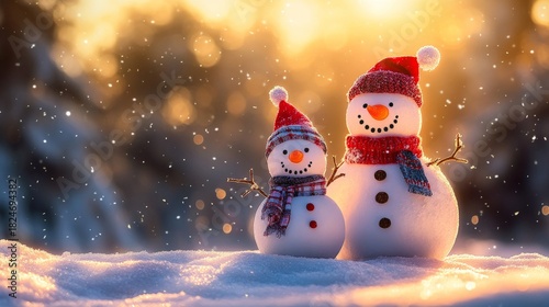 A heartwarming winter scene featuring a snowman family glowing in golden hour light, with soft snowfall and festive details.