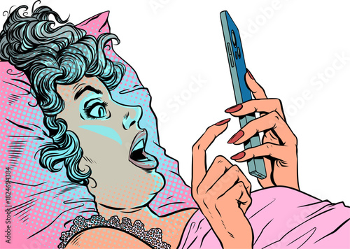 Pop Art Retro A woman in bed staring at her phone. Technology and internet addiction. Special offers and promotions for clients.