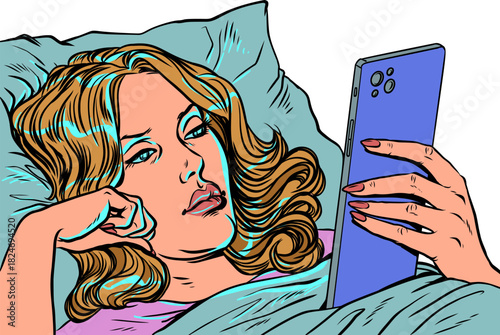 Pop Art Retro A woman in bed staring at her phone. Technology and internet addiction. Special offers and promotions for clients.
