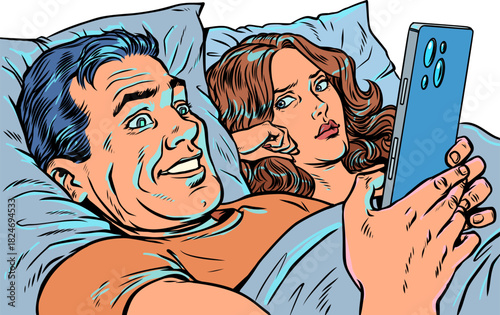 Pop Art Retro A man in bed with his wife looking at his phone. Relationship problems in a married couple. Infidelity and partner addiction.
