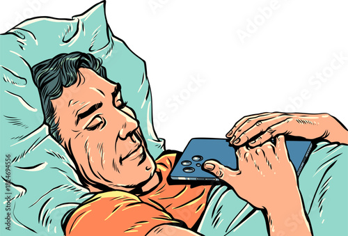 Pop Art Retro A man sleeps with a phone. Client anticipation and peace. Online data security on a mobile phone.