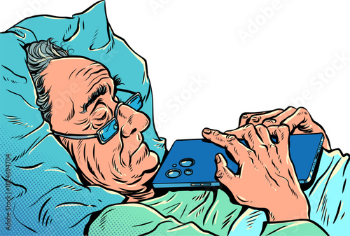 Pop Art Retro An elderly man sleeps with a phone. Communication and connection with adult relatives. Online data security on a mobile phone.