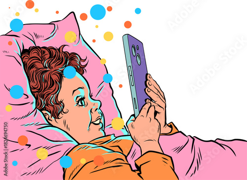 Pop Art Retro A child staring at a phone in bed. Parenting and the dangers of technology. Children's emotions about mobile phones at night.