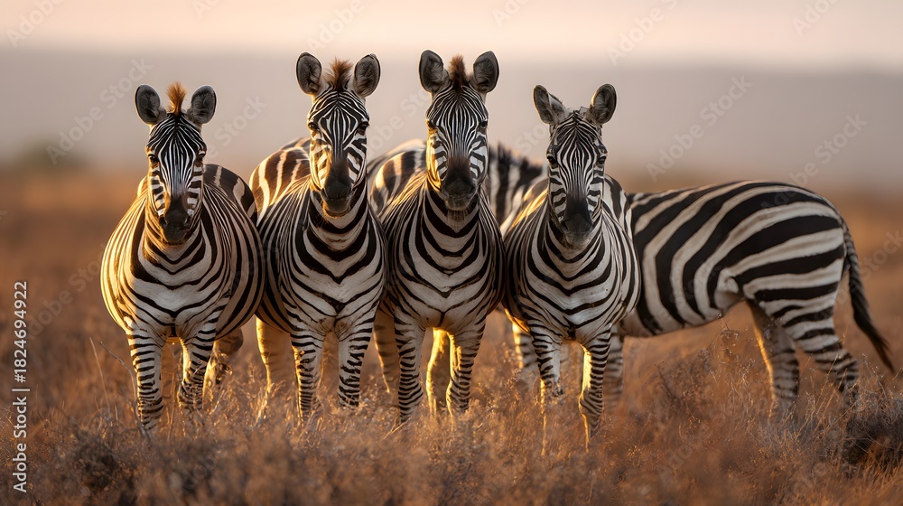 Fototapeta premium Serene sunrise zebras a captivating wildlife portrait of connection and calm on the savanna