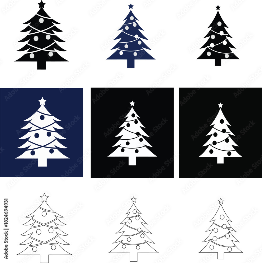 Obraz premium Modern Christmas tree vector icon set in multiple styles including flat, outline, silhouette, and dark background. Ideal for Christmas illustrations, winter themes, and seasonal design projects.