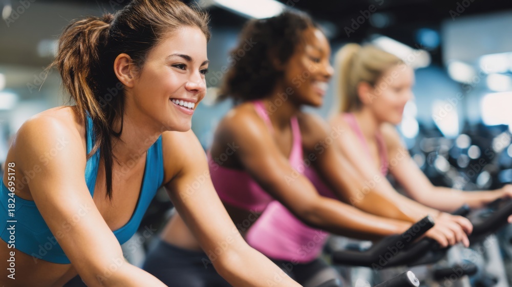 Naklejka premium Three women are participating in a cycling workout at a fitness center. They appear focused and energized as they pedal together in a motivating environment.