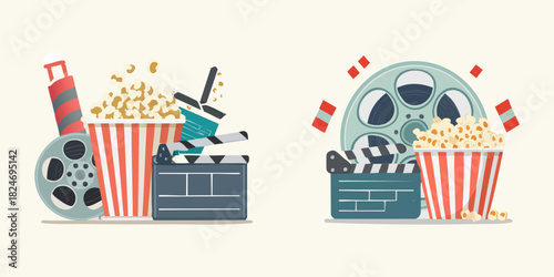 Flat design illustrations of movie reels, popcorn, and soda cups, capturing the essence of cinematic experiences