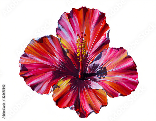 Vibrant Acrylic Painting of a Red Hibiscus Flower with Detailed Petals and Pollen on White Background.