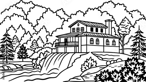 Very beautiful autumn hillside scene featuring a historic architectural home perched above Bear Run Falls, surrounded by vibrant fall foliage, cascading water, and a tranquil forest landscape in warm 