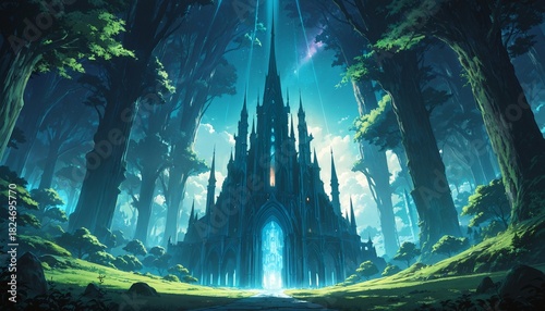 magical gothic cathedral in enchanted forest with glowing archway