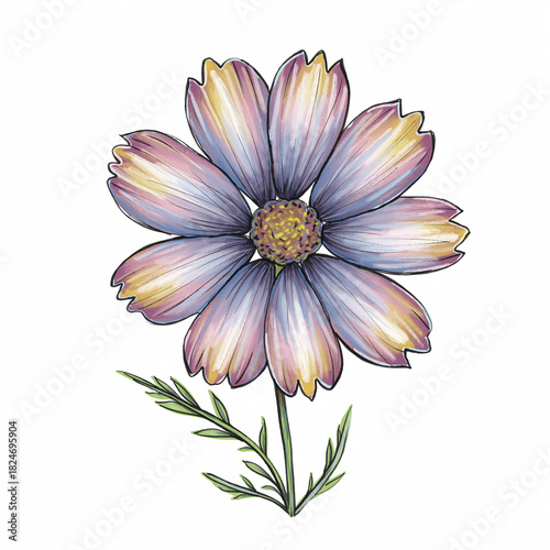 Detailed HandDrawn Watercolor Illustration of a Delicate Cosmos Flower on White Background.