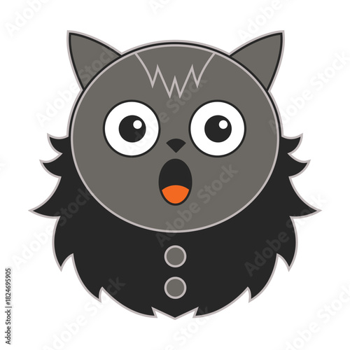 Cartoon gray cat face with wide eyes and surprised open mouth character