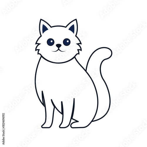 Simple cartoon sitting white cat with blue eyes and distinct black outline illustration