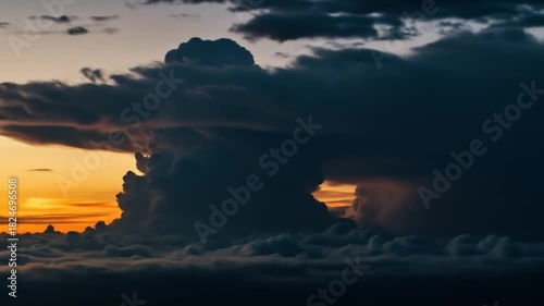 Dark storm clouds at sunset over a layer of clouds