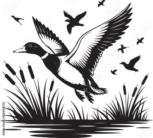 A flock of ducks in flight over a marshy wetland scene vector art