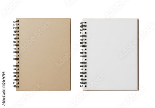 Two spiral notebooks isolated on a background, one kraft cover, one blank white page, top view.